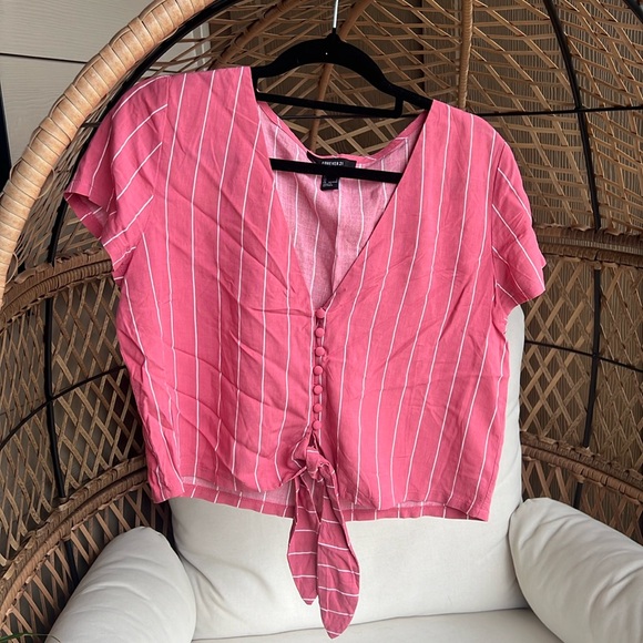 Super cute Forever 21 button up top, pink w white stripes. Perfect for vacay🌴 - Picture 1 of 4